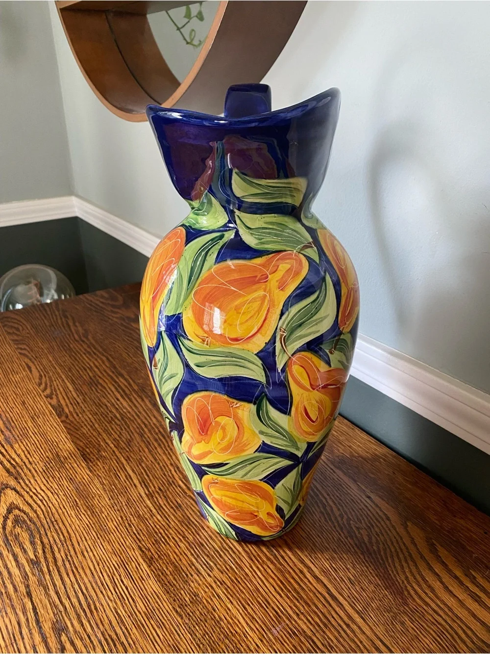 Vintage 90s Large Hand Painted Ceramic Vase / Jug Fruit Motif Blue Orange